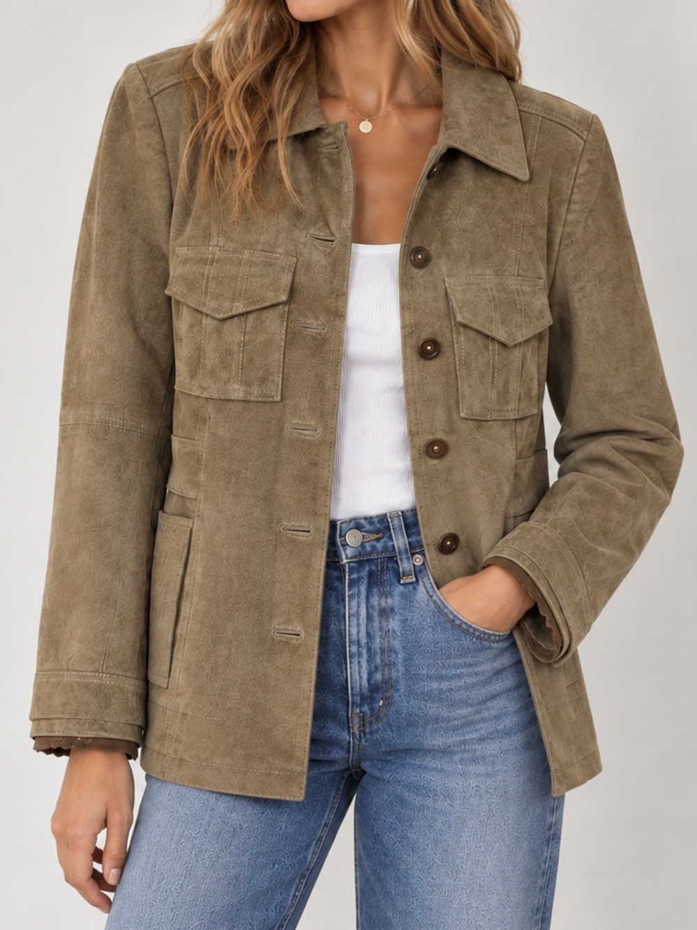 Vintage 90s 100% Suede Leather Jacket Western Cargo Pockets Mossimo Tan Small